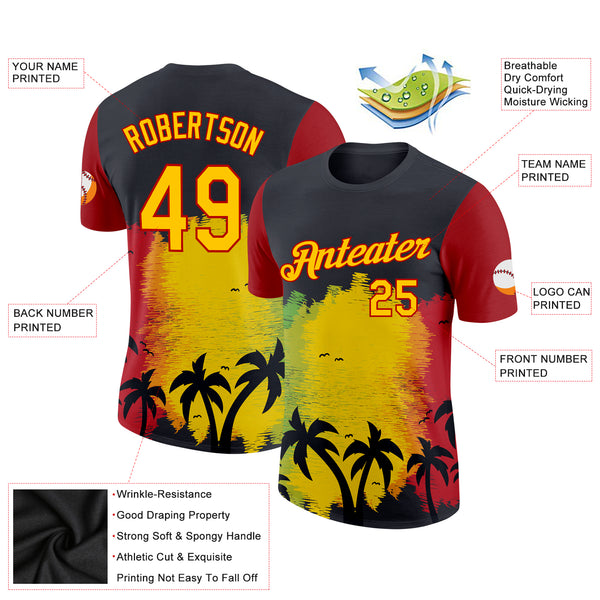 Custom Black Yellow-Red 3D Pattern Design Black History Month Hawaii Palm Trees Performance T-Shirt