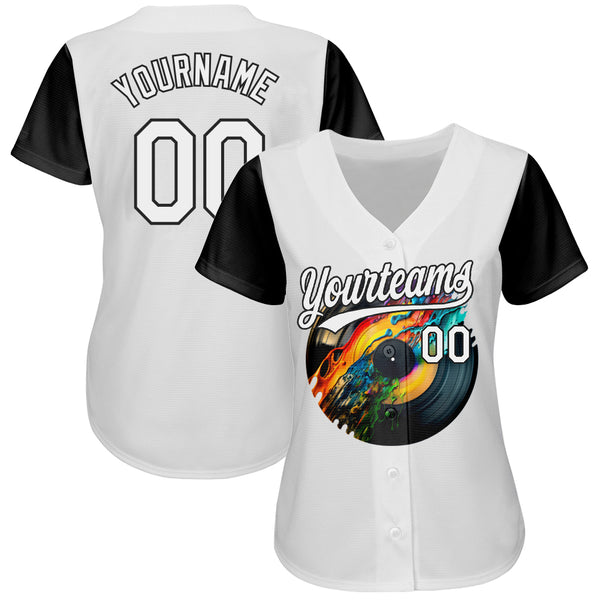 Custom White Black 3D Pattern Design Music Festival Record With Colorful Splatter Authentic Baseball Jersey