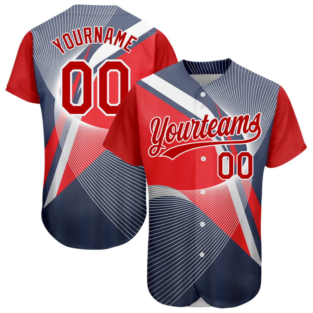 Custom Navy Red-White 3D Pattern Design Abstract Sport Authentic Baseball Jersey