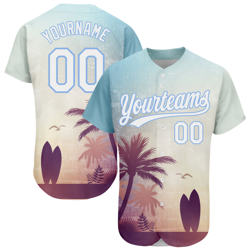 Custom Light Blue White 3D Pattern Design Hawaii Palm Trees And Beach Dusk Authentic Baseball Jersey