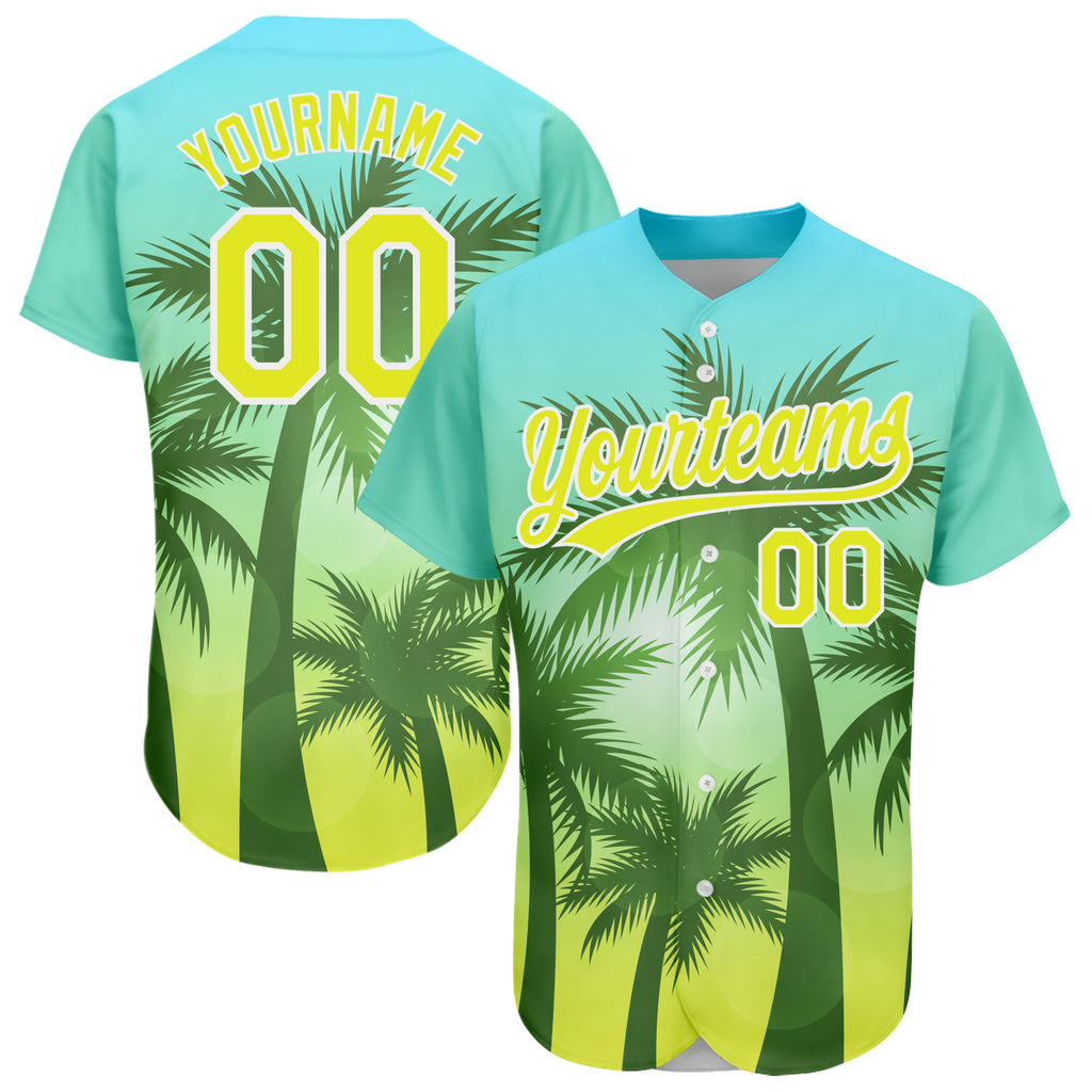 Custom Light Blue Neon Yellow-White 3D Pattern Design Hawaii Palm Trees Authentic Baseball Jersey