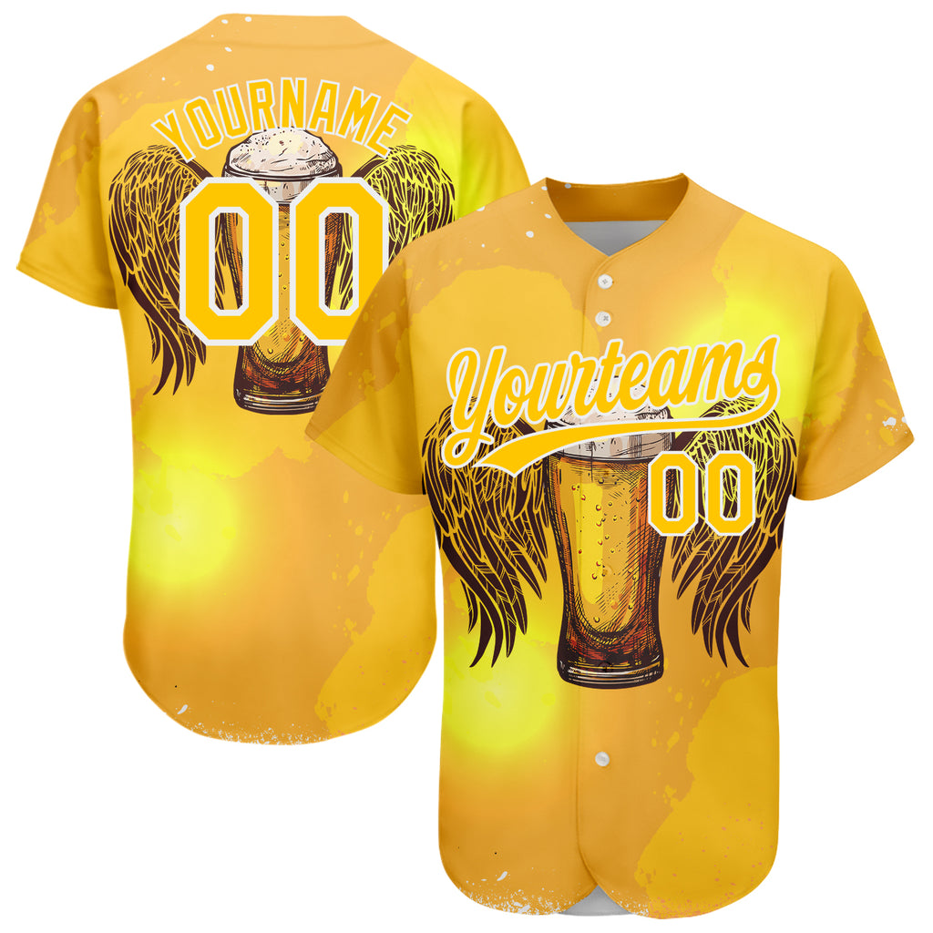 Custom Yellow White 3D Pattern Design Beer Authentic Baseball Jersey