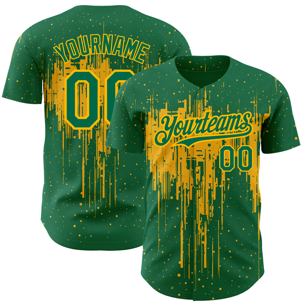 Custom Kelly Green Gold 3D Pattern Design Dripping Splatter Art Authentic Baseball Jersey