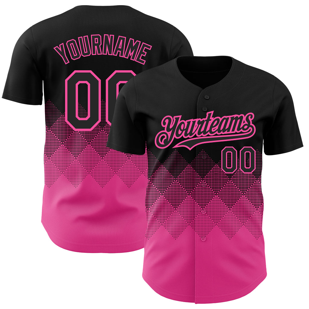 Custom Black Pink 3D Pattern Design Gradient Square Shapes Authentic Baseball Jersey