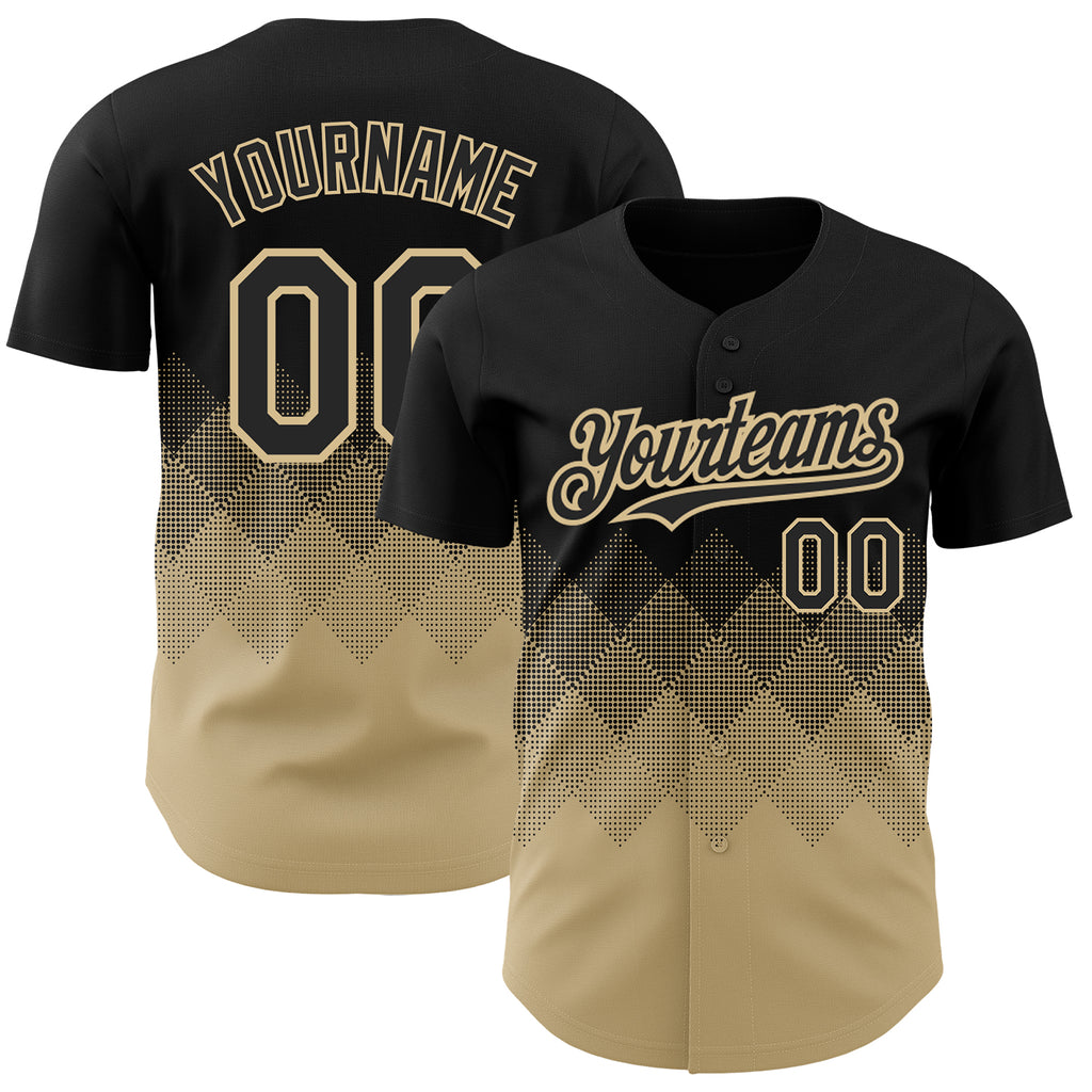 Custom Black Vegas Gold 3D Pattern Design Gradient Square Shapes Authentic Baseball Jersey