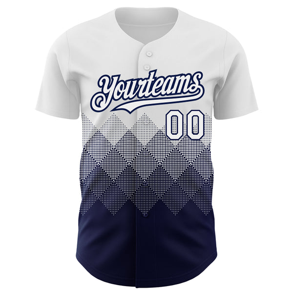 Custom White Navy 3D Pattern Design Gradient Square Shapes Authentic Baseball Jersey