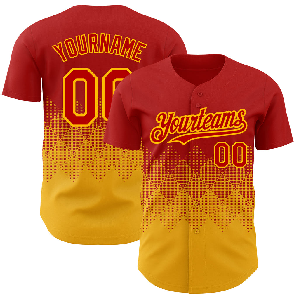 Custom Red Gold 3D Pattern Design Gradient Square Shapes Authentic Baseball Jersey