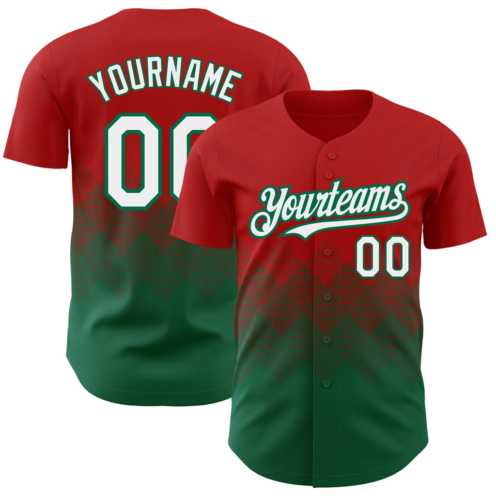 Custom Red White-Kelly Green 3D Pattern Design Gradient Square Shapes Authentic Baseball Jersey