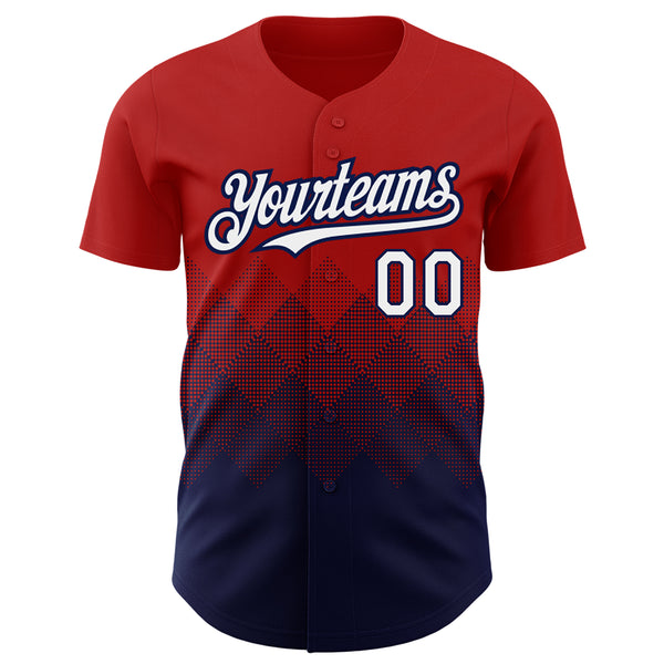 Custom Red White-Navy 3D Pattern Design Gradient Square Shapes Authentic Baseball Jersey