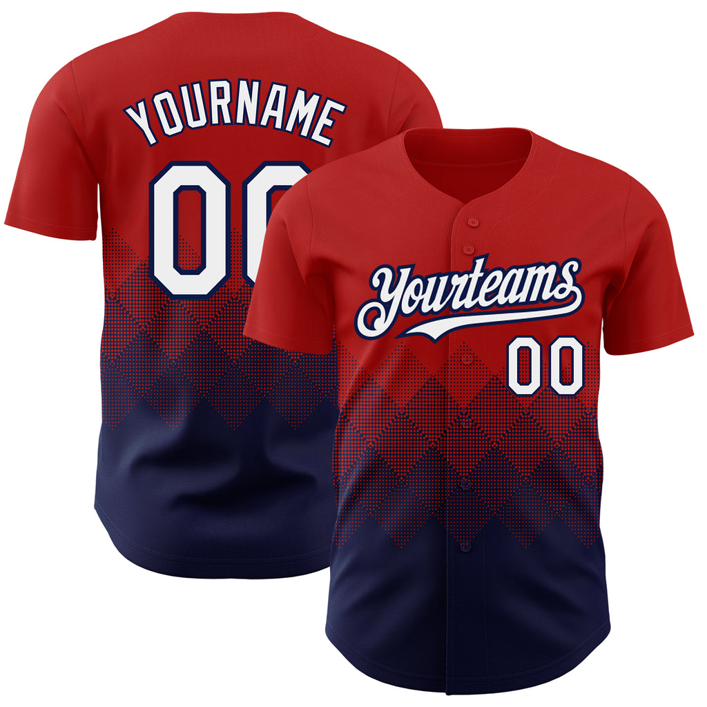 Custom Red White-Navy 3D Pattern Design Gradient Square Shapes Authentic Baseball Jersey