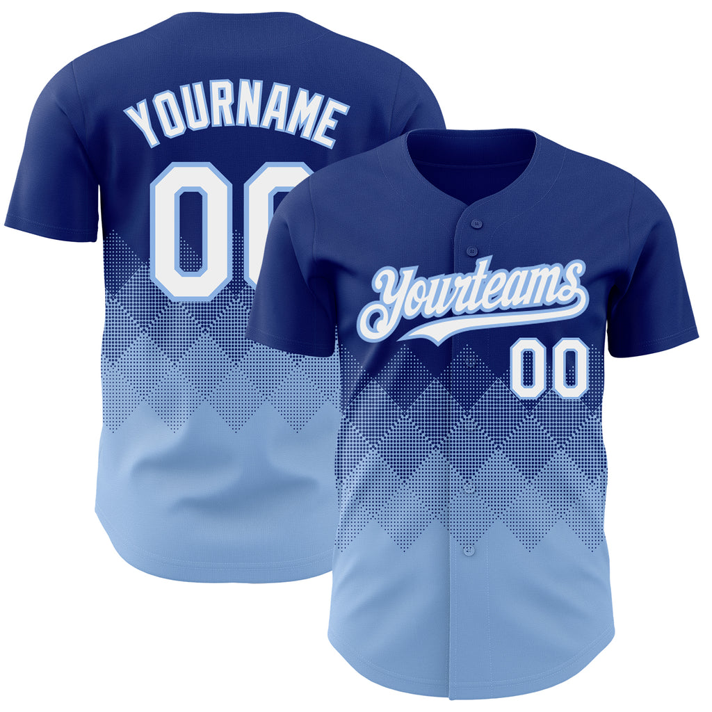 Custom Royal White-Light Blue 3D Pattern Design Gradient Square Shapes Authentic Baseball Jersey