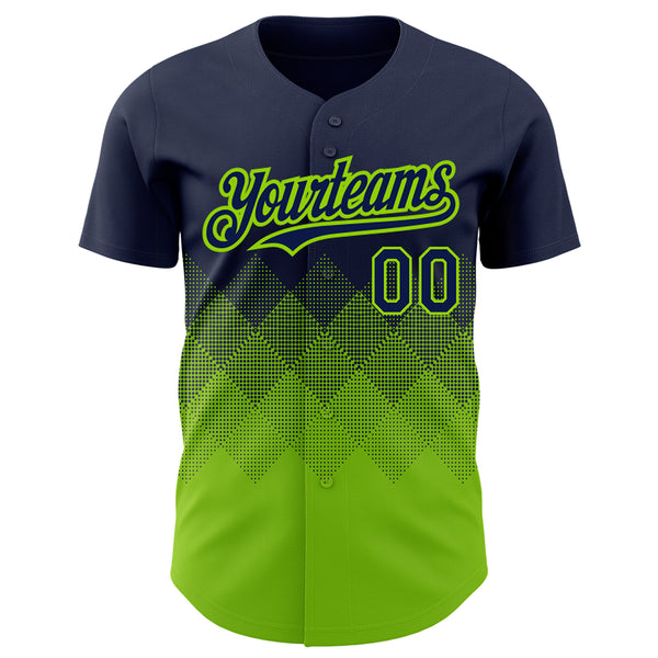 Custom Navy Neon Green 3D Pattern Design Gradient Square Shapes Authentic Baseball Jersey