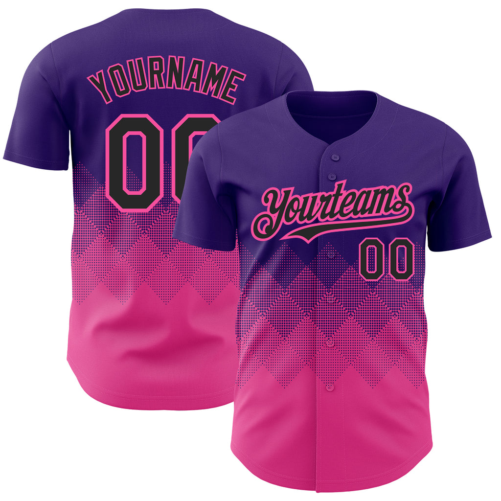 Custom Purple Black-Pink 3D Pattern Design Gradient Square Shapes Authentic Baseball Jersey