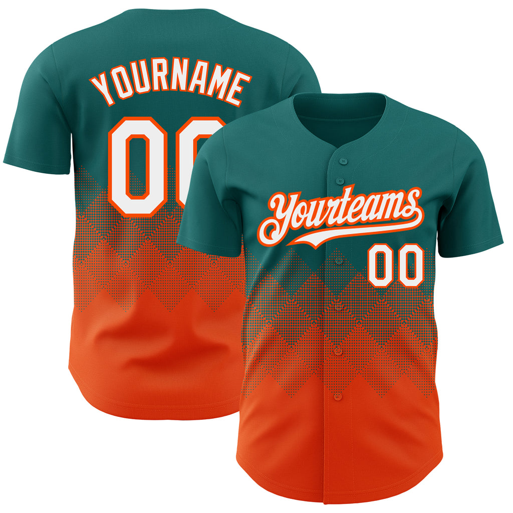 Custom Teal White-Orange 3D Pattern Design Gradient Square Shapes Authentic Baseball Jersey