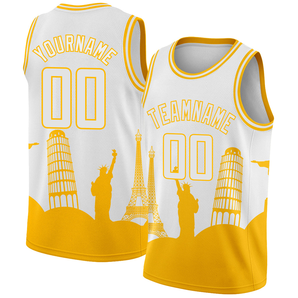 Custom White Gold Holiday Travel Monuments Silhouette Authentic City Edition Basketball Jersey