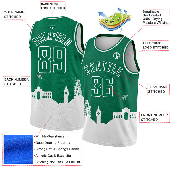 Custom Kelly Green White Holiday Travel Monuments Silhouette Authentic City Edition Basketball Jersey