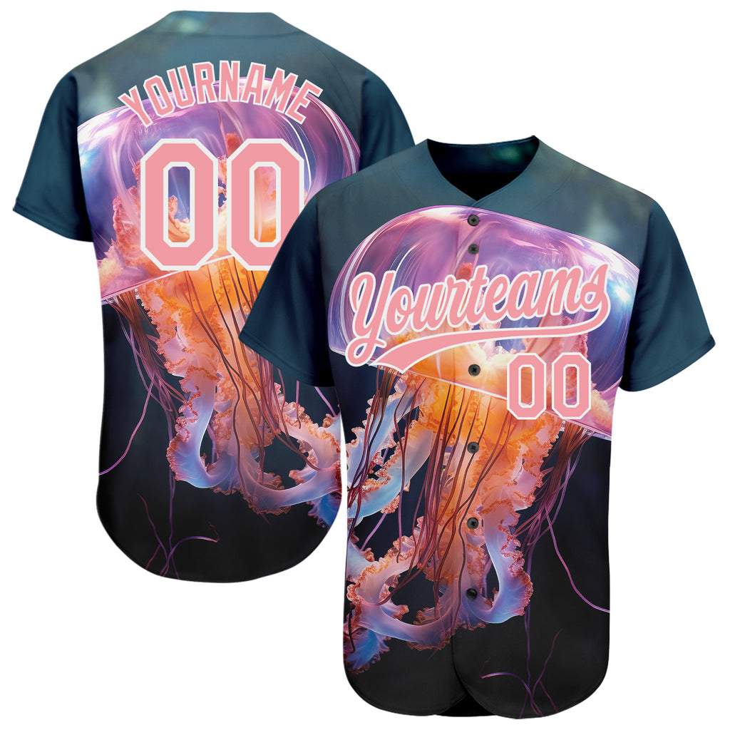 Custom Navy Medium Pink-White 3D Pattern Design Jellyfish Swimming In The Water Authentic Baseball Jersey