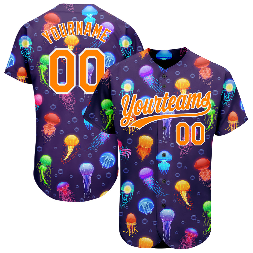 Custom Purple Bay Orange-White 3D Pattern Design Colorful Cartoon Jellyfish Authentic Baseball Jersey