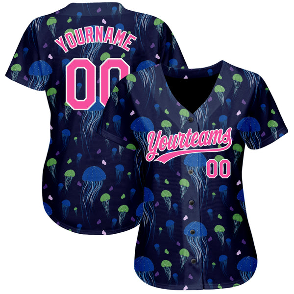 Custom Navy Pink-White 3D Pattern Design Jellyfish Authentic Baseball Jersey