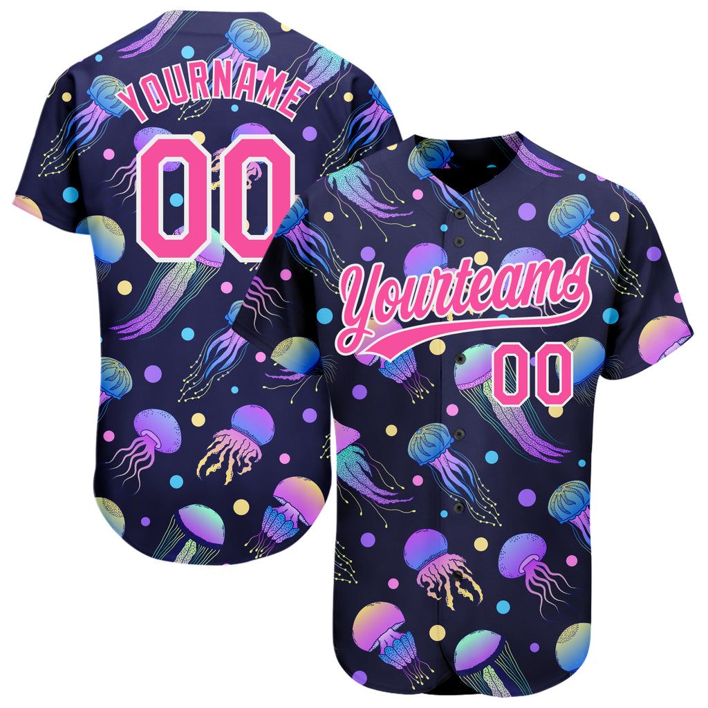 Custom Navy Pink-White 3D Pattern Design Colorful Cartoon Jellyfish Authentic Baseball Jersey