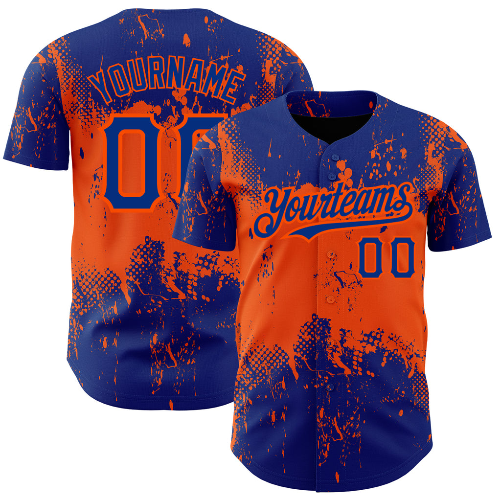 Custom Royal Orange 3D Pattern Design Abstract Splatter Grunge Art Authentic Baseball Jersey