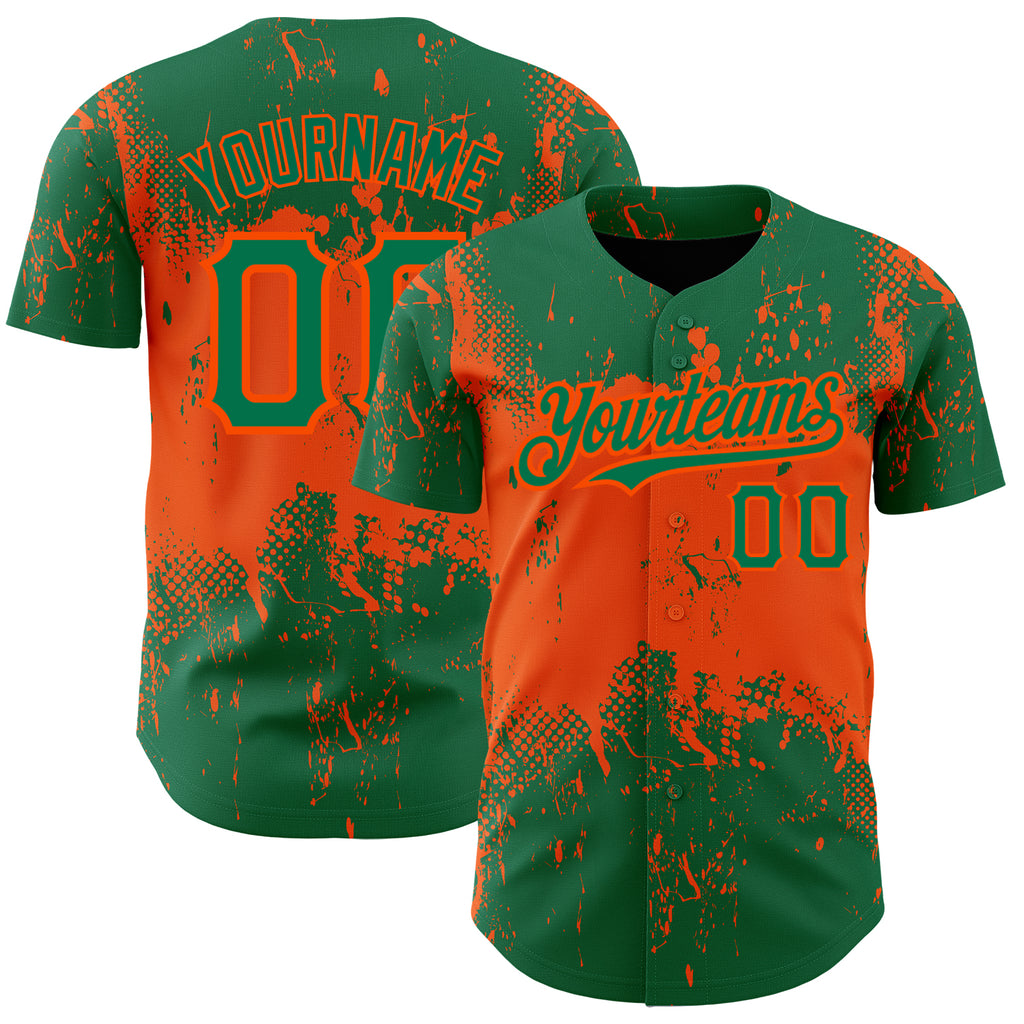 Custom Kelly Green Orange 3D Pattern Design Abstract Splatter Grunge Art Authentic Baseball Jersey