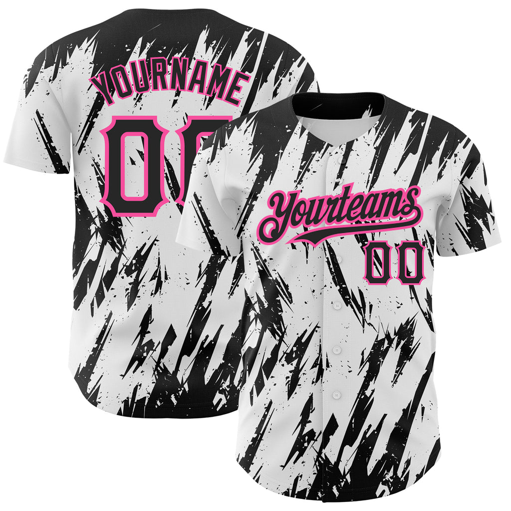 Custom White Black-Pink 3D Pattern Design Abstract Sharp Shape Authentic Baseball Jersey