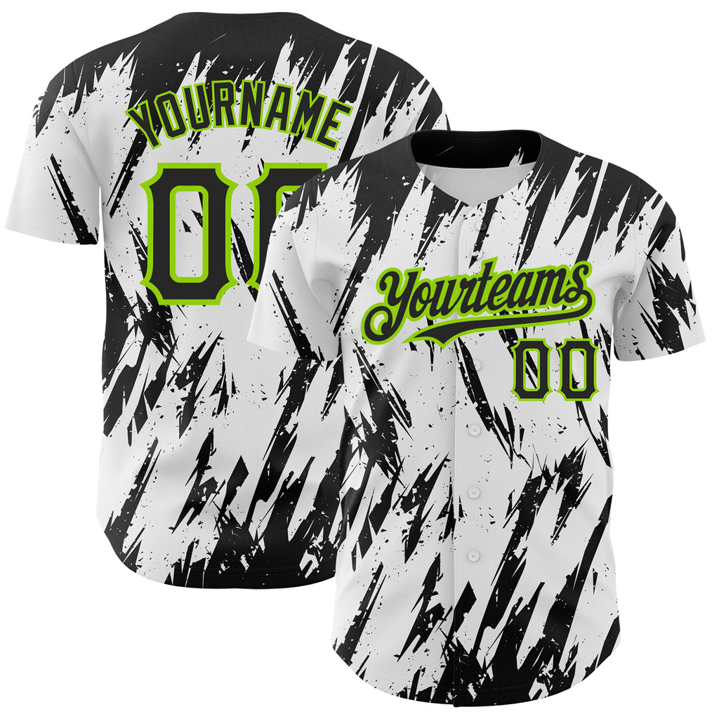 Custom White Black-Neon Green 3D Pattern Design Abstract Sharp Shape Authentic Baseball Jersey