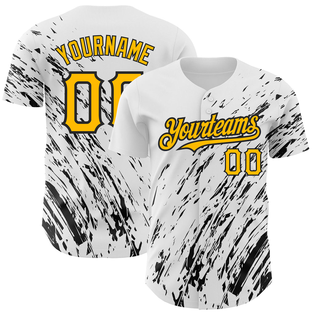 Custom White Gold-Black 3D Pattern Design Abstract Splash Authentic Baseball Jersey