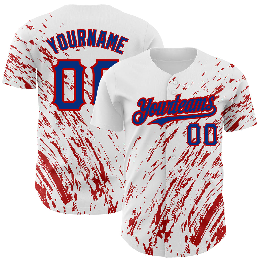 Custom White Royal-Red 3D Pattern Design Abstract Splash Authentic Baseball Jersey