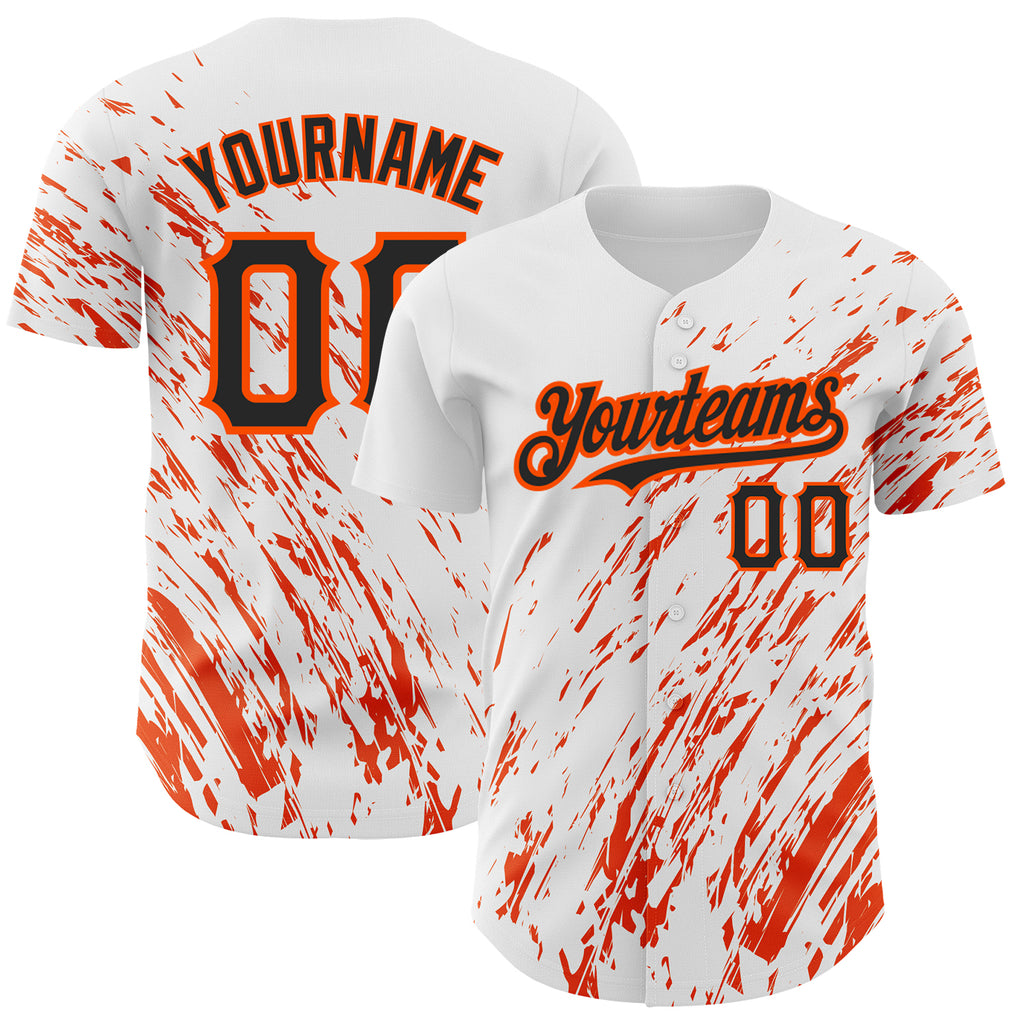 Custom White Black-Orange 3D Pattern Design Abstract Splash Authentic Baseball Jersey