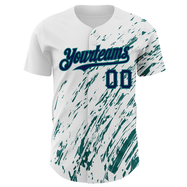 Custom White Navy-Teal 3D Pattern Design Abstract Splash Authentic Baseball Jersey