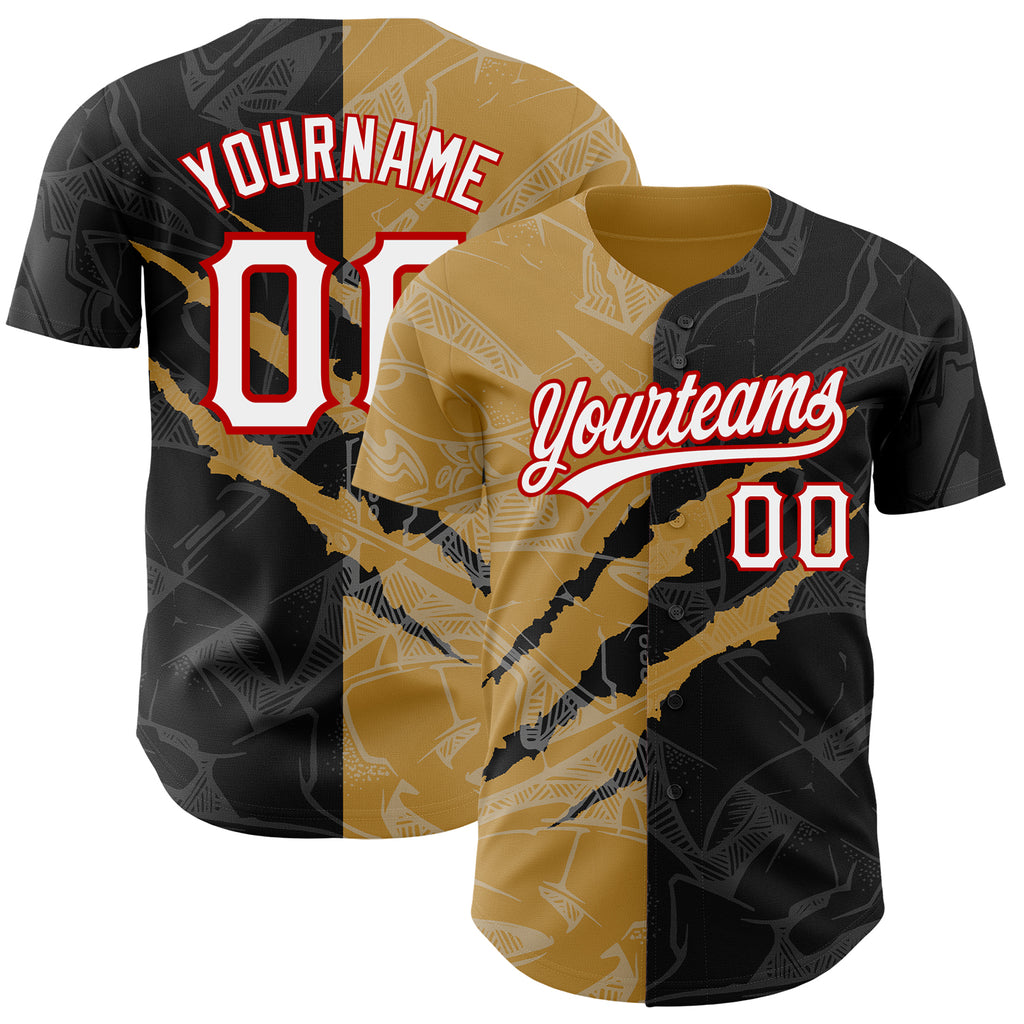 Custom Graffiti Pattern Black Old Gold-Red 3D Scratch Authentic Baseball Jersey