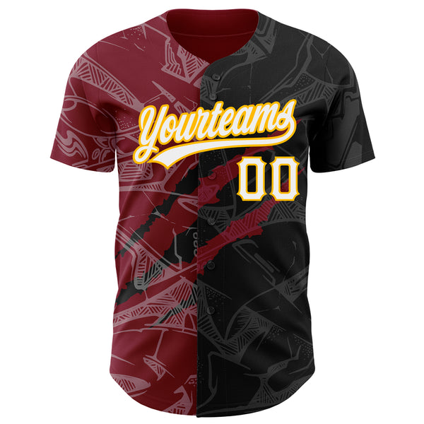 Custom Graffiti Pattern Black Crimson-Gold 3D Scratch Authentic Baseball Jersey