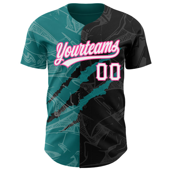 Custom Graffiti Pattern Black Teal-Pink 3D Scratch Authentic Baseball Jersey