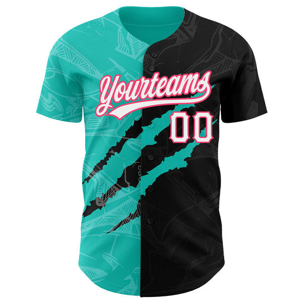 Custom Graffiti Pattern Black Aqua-Neon Pink 3D Scratch Authentic Baseball Jersey