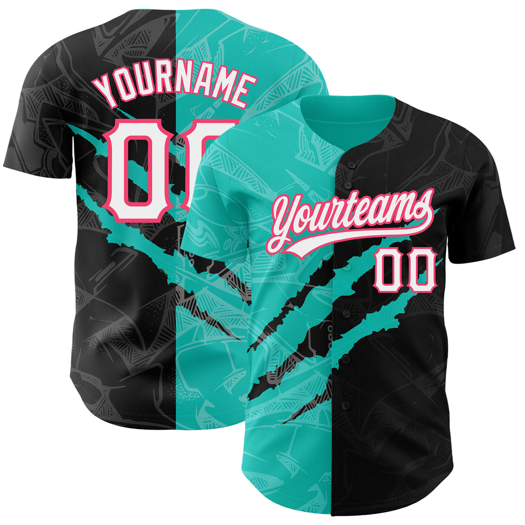 Custom Graffiti Pattern Black Aqua-Neon Pink 3D Scratch Authentic Baseball Jersey