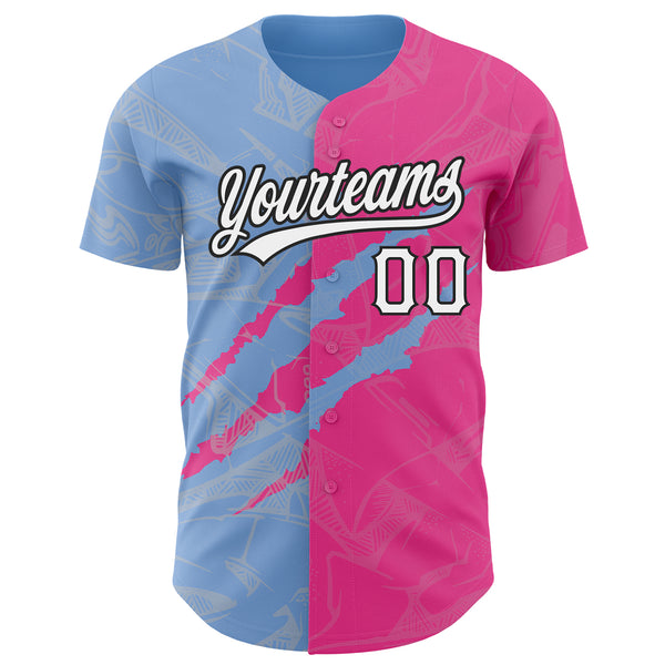 Custom Graffiti Pattern Pink Light Blue-Black 3D Scratch Authentic Baseball Jersey