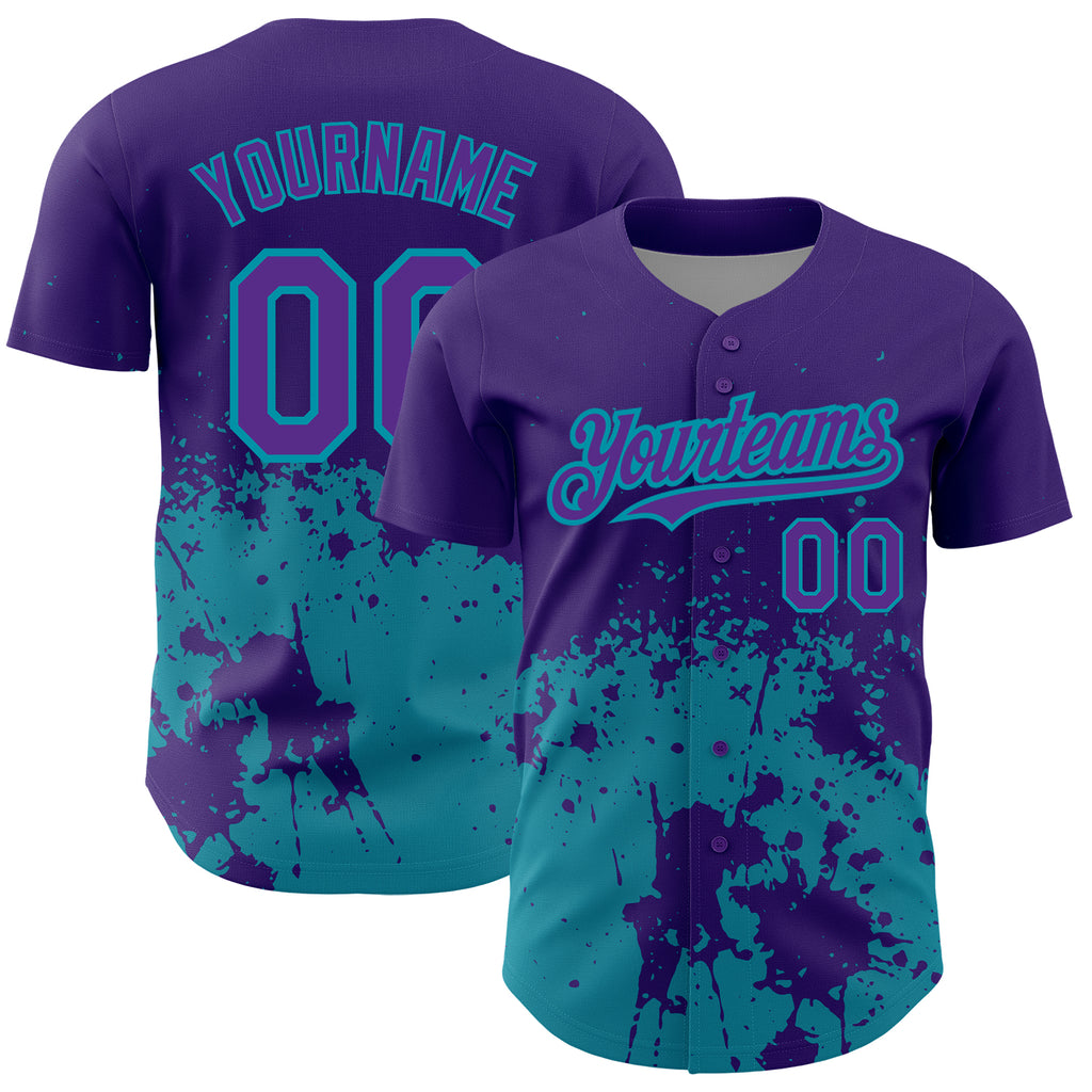 Custom Purple Teal 3D Pattern Design Abstract Splash Grunge Art Authentic Baseball Jersey