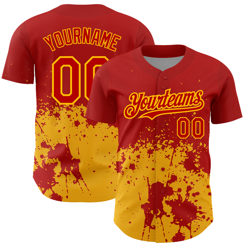 Custom Red Gold 3D Pattern Design Abstract Splash Grunge Art Authentic Baseball Jersey