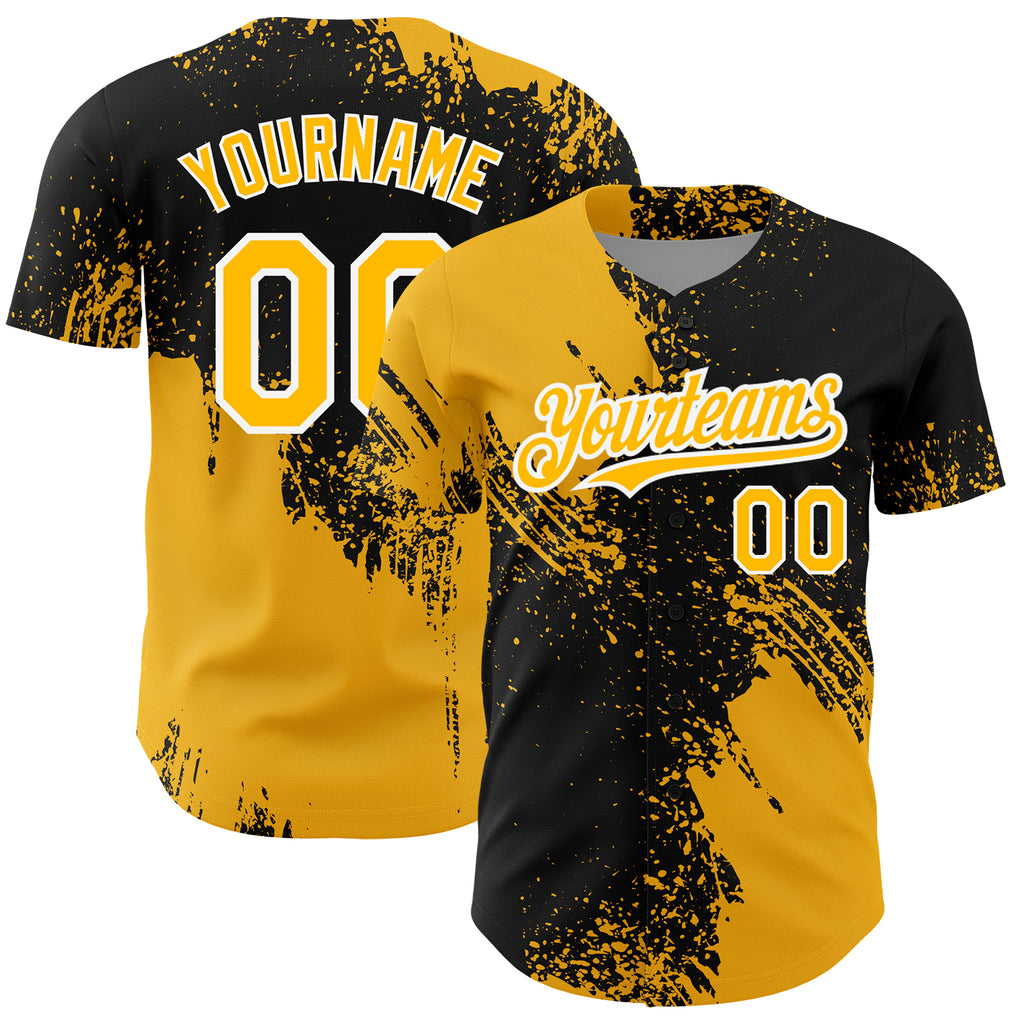 Custom Black Gold-White 3D Pattern Design Abstract Brush Stroke Authentic Baseball Jersey