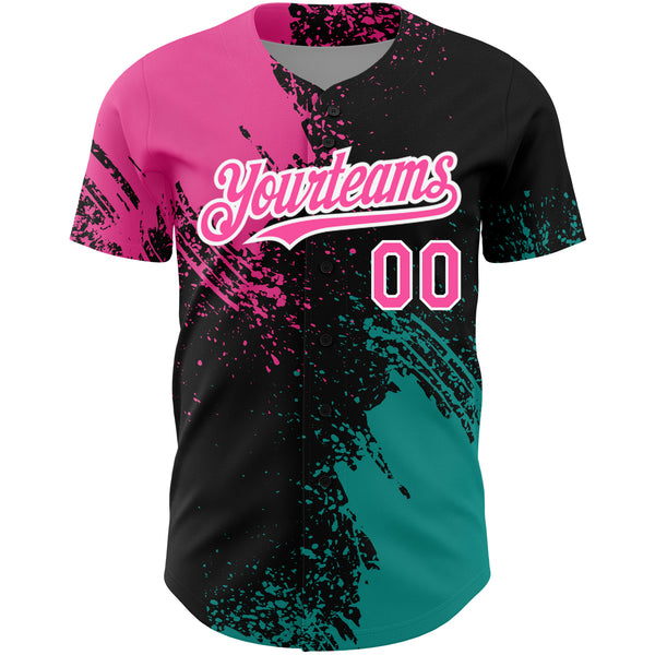 Custom Black Pink-Teal 3D Pattern Design Abstract Brush Stroke Authentic Baseball Jersey