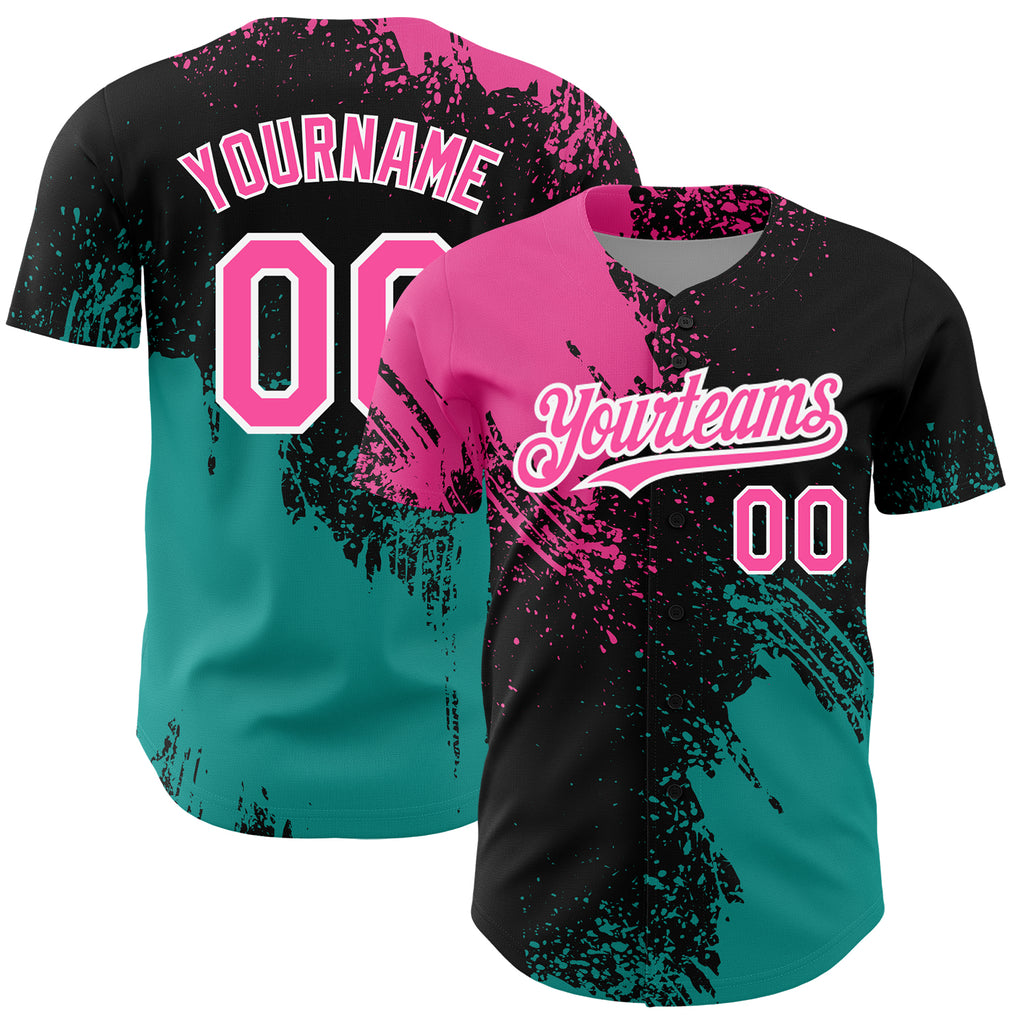 Custom Black Pink-Teal 3D Pattern Design Abstract Brush Stroke Authentic Baseball Jersey