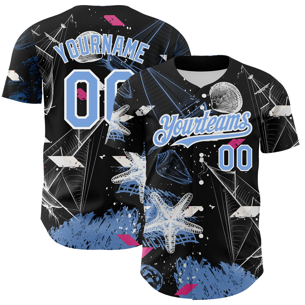 Custom Black Light Blue-White 3D Pattern Design Sailing Boats Authentic Baseball Jersey