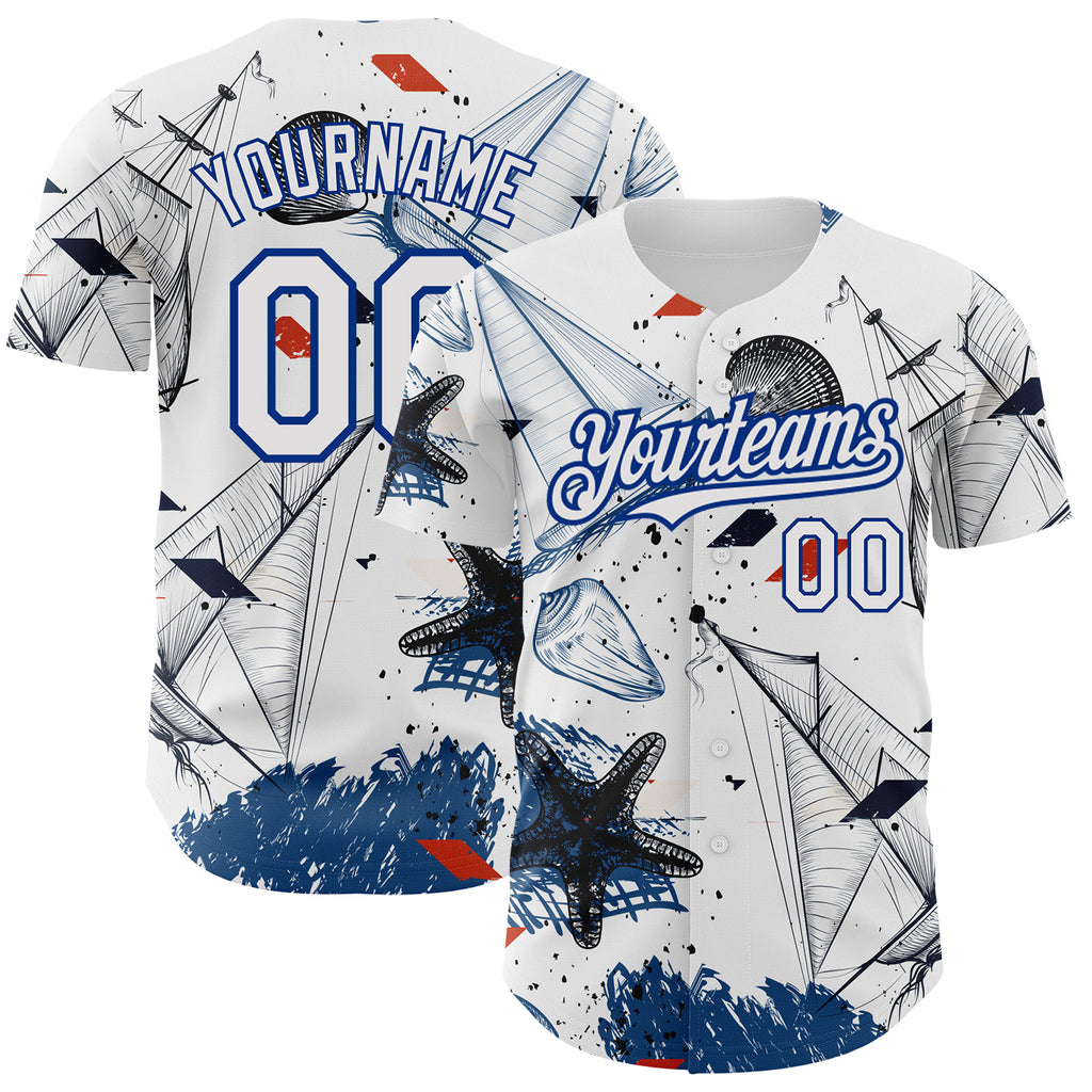 Custom White Royal 3D Pattern Design Sailing Boats Authentic Baseball Jersey