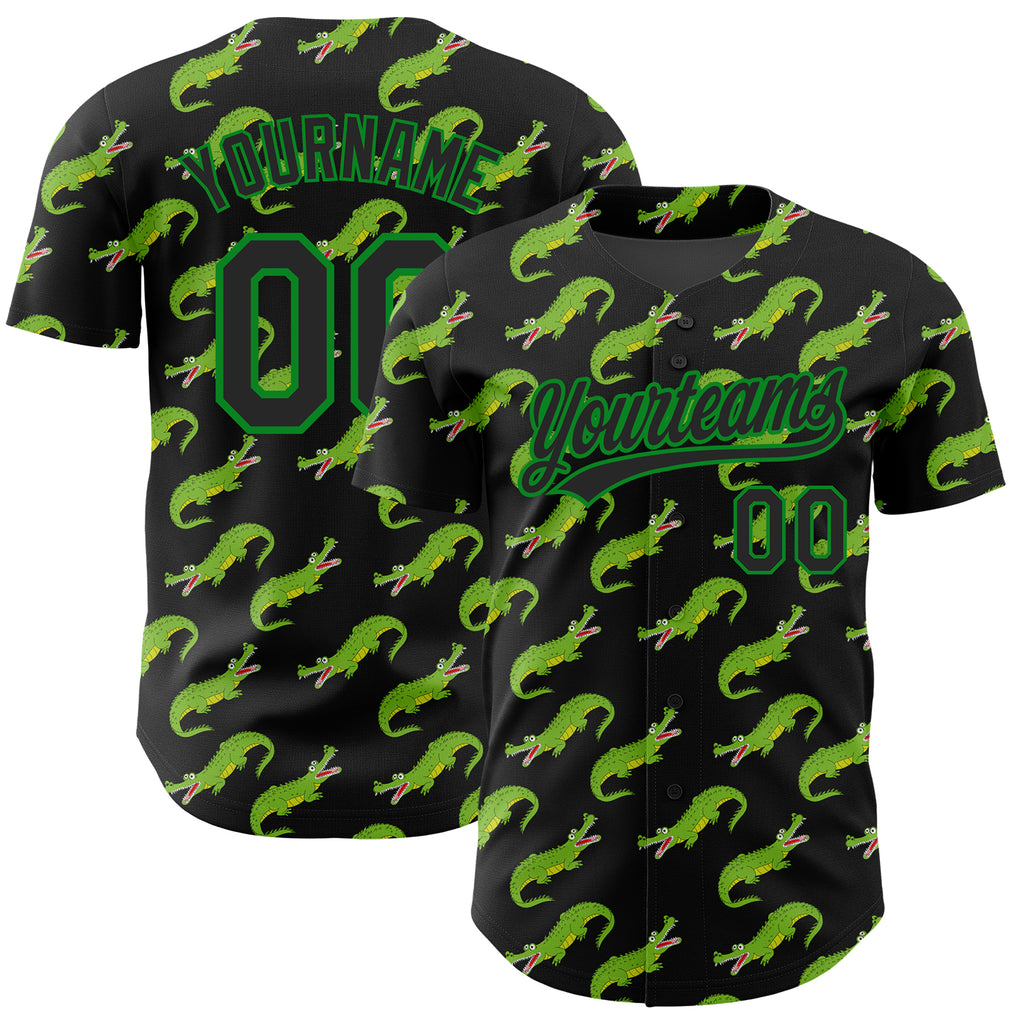 Custom Black Grass Green 3D Pattern Design Crocodile Authentic Baseball Jersey