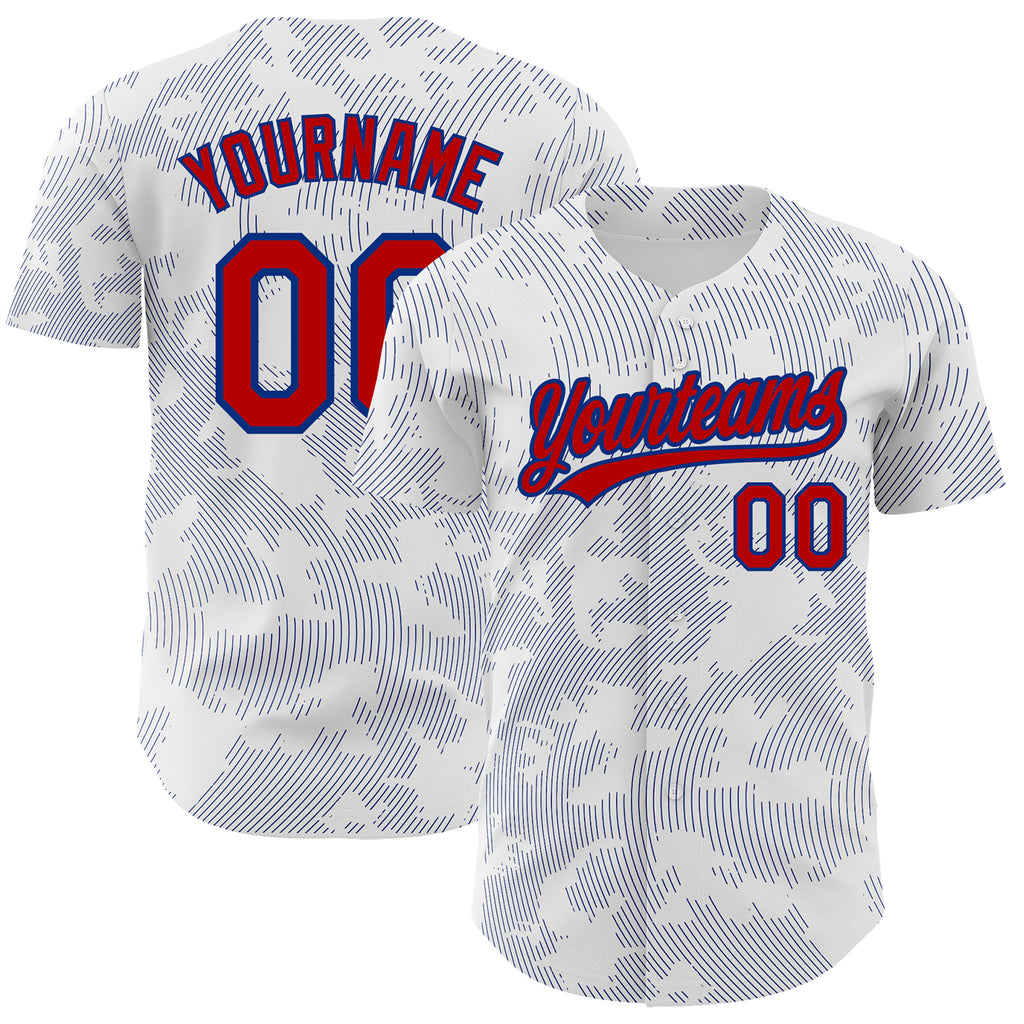 Custom White Red-Royal 3D Pattern Design Curve Lines Authentic Baseball Jersey