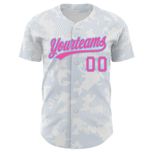 Custom White Pink-Light Blue 3D Pattern Design Curve Lines Authentic Baseball Jersey