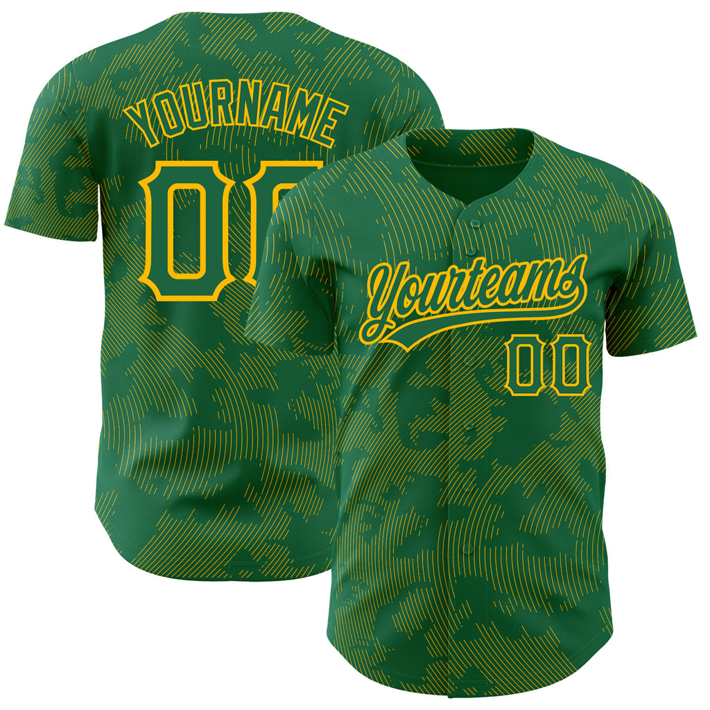 Custom Kelly Green Gold 3D Pattern Design Curve Lines Authentic Baseball Jersey