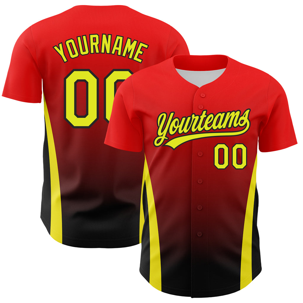 Custom Red Neon Yellow-Black 3D Pattern Design Side Stripes Authentic Baseball Jersey